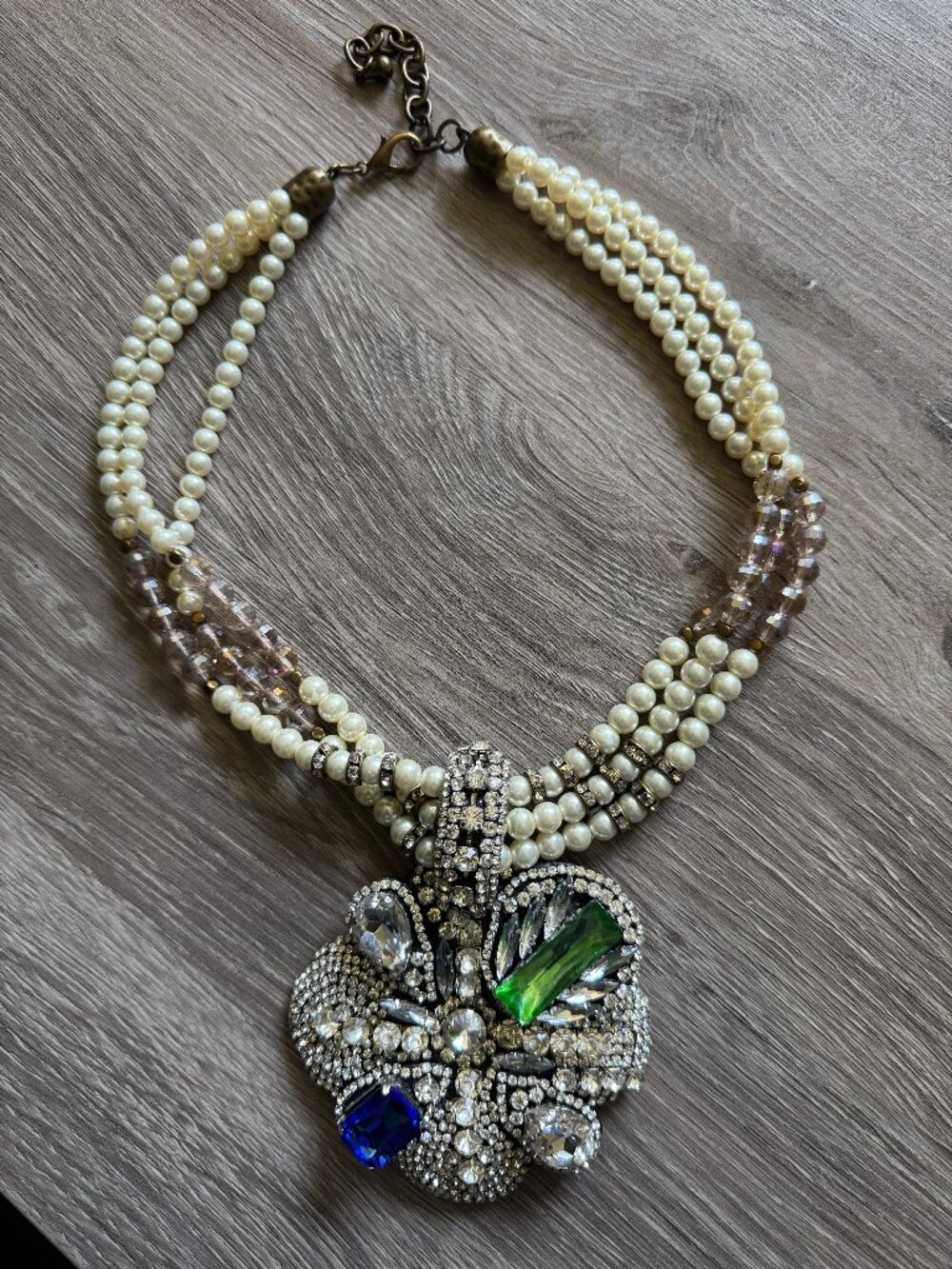 Pearl Crystal Statement Necklace | Rhinestone Floral Pendant | Multistrand Ivory